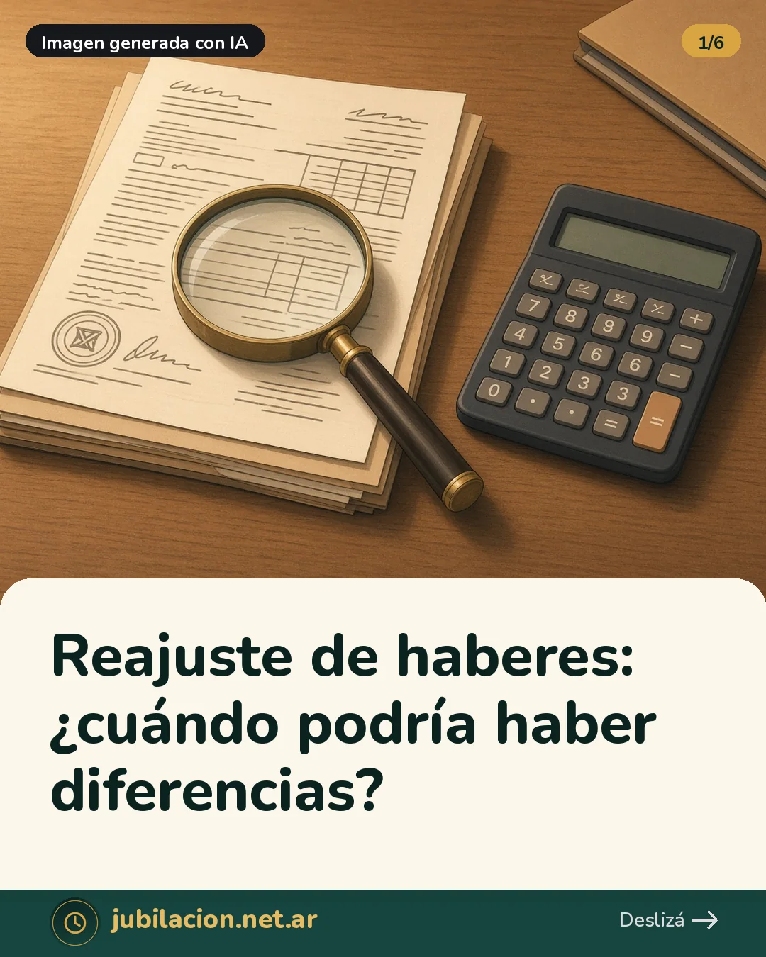 Documentos con una lupa y una calculadora sobre una mesa de madera
