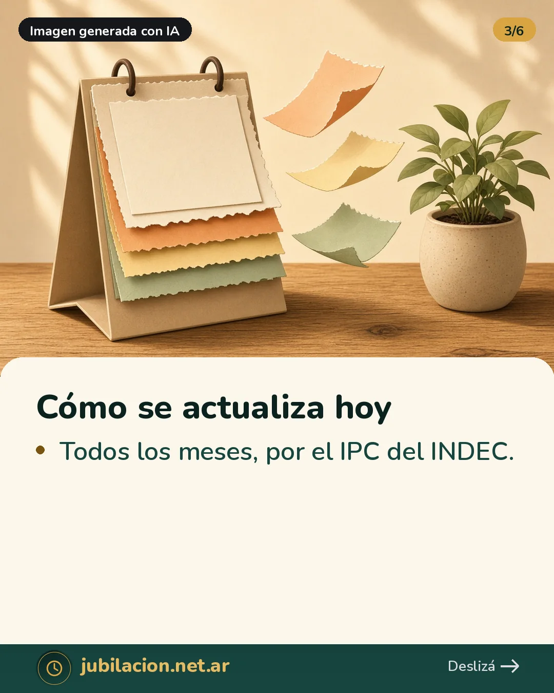 Calendario de escritorio con hojas de colores que vuelan junto a una planta
