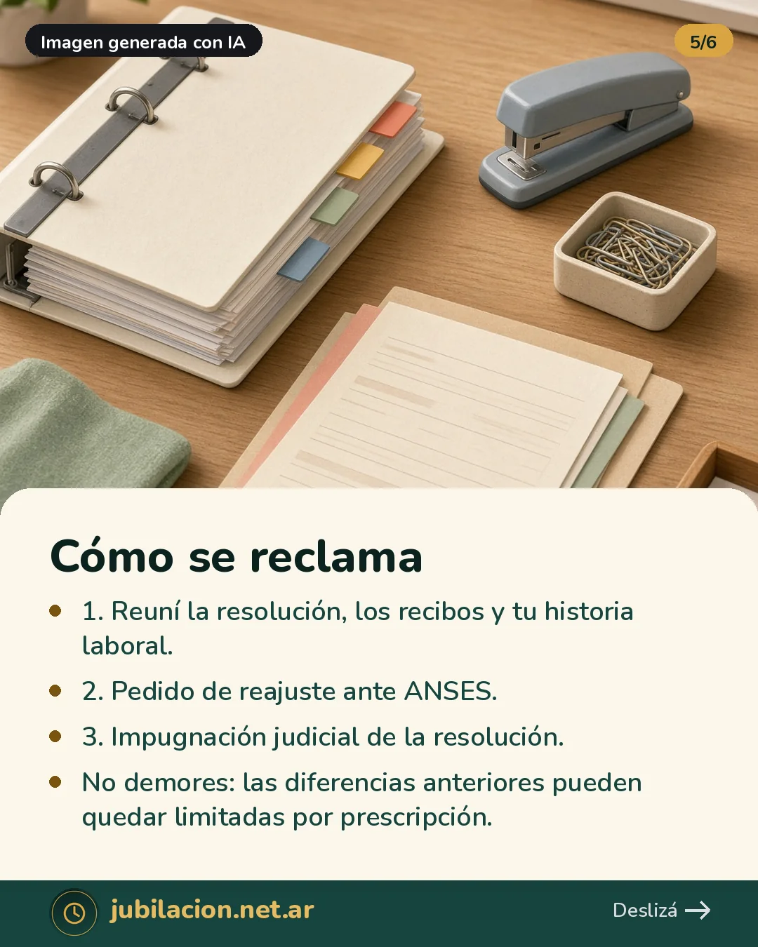 Carpeta con separadores, una abrochadora y papeles sobre una mesa