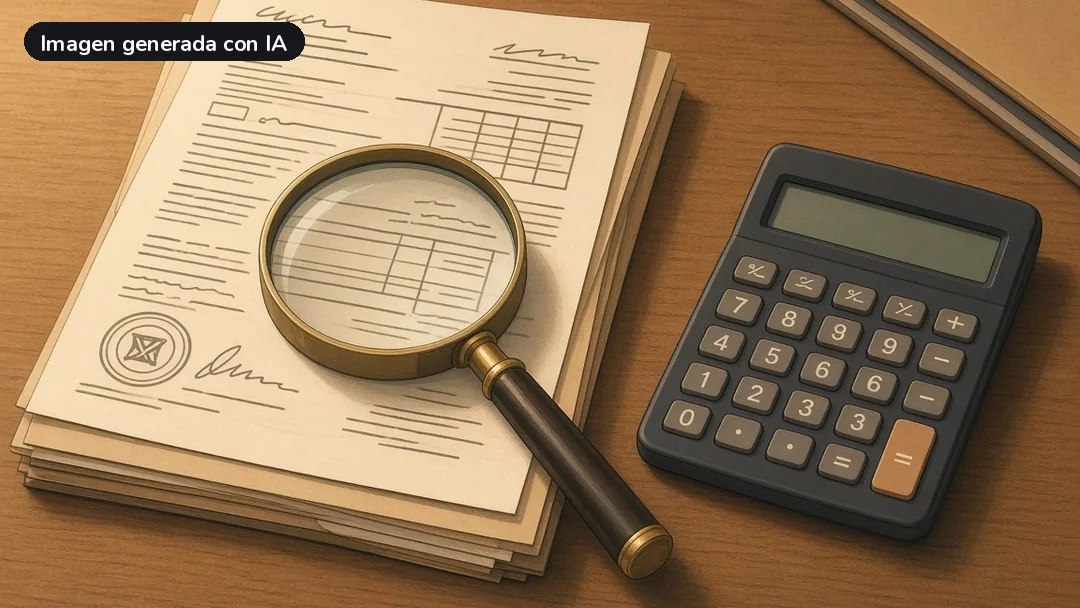 Documentos con una lupa y una calculadora sobre una mesa de madera