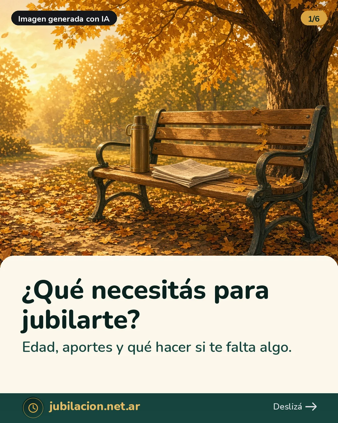 Banco de madera bajo un árbol en otoño, con un termo y un diario encima