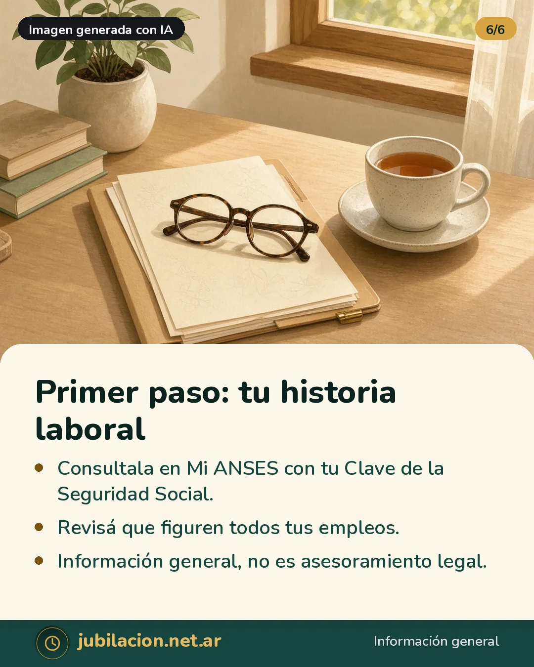 Carpeta con anteojos y una taza de té junto a una ventana