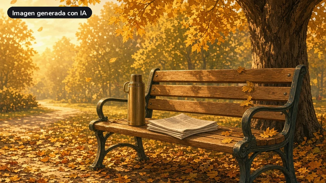 Banco de madera bajo un árbol en otoño, con un termo y un diario encima