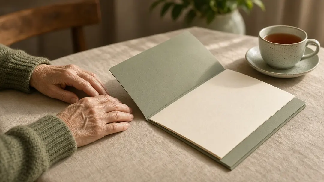 Manos de una persona mayor sobre una mesa, junto a una carpeta abierta y una taza de té