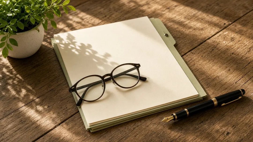 Carpeta de documentos en blanco con anteojos, una lapicera y una planta sobre una mesa de madera